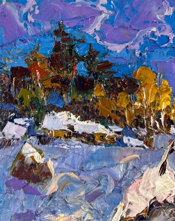 Image 1 of Original Oil Painting Winter Field Landscape Snow enveloping the forest