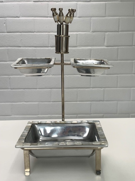 Image 1 of Art Deco Style Silver-Plated and Mother-of-Pearl Tiered Hors d'Oeuvres Serving Caddy with Matching Cocktail Picks