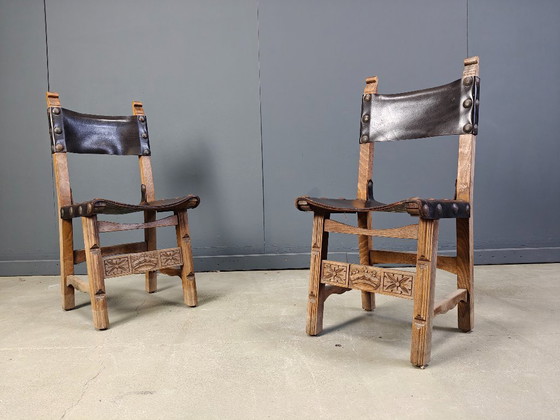 Image 1 of Vintage brutalist leather spanish dining chairs, 1960s