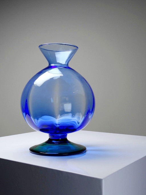 Petit vase globe à pied cristal vintage bicolore bleu et vert