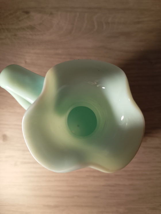 Image 1 of Rare small Legras pitcher in Art Nouveau uranium glass with beaded enamel, 13 cm tall.