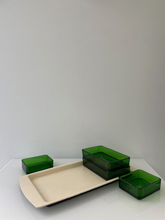Image 1 of Vintage serving bowl with bright green glass trays - 1960s retro design