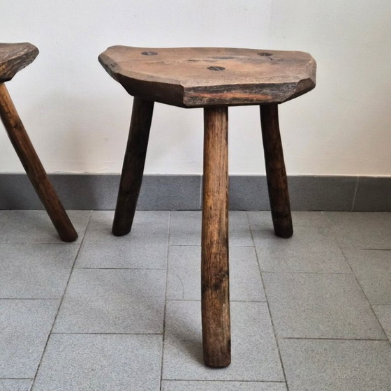 Image 1 of Pair of Vintage Brutalist Tripod Stools 1970s in Oak 70s DLG Marolles