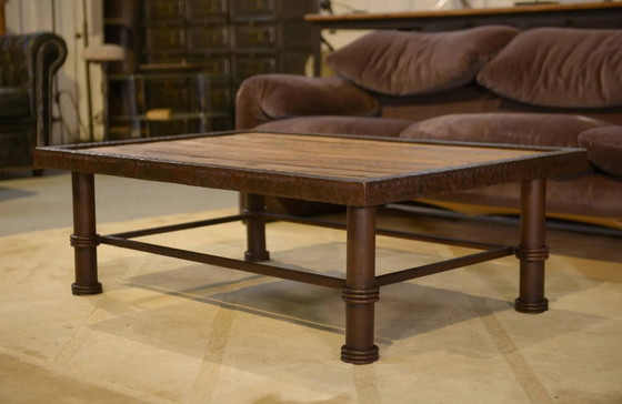Brutalist coffee table made of wood and wrought iron from the 1960s., Brown (photo 12 of 13)