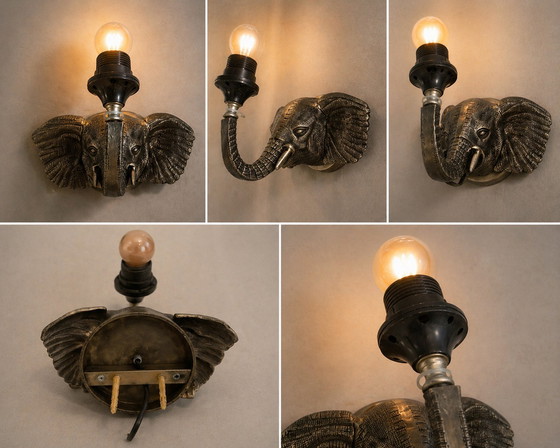 Image 1 of Set of 2 Vintage Elephant Wall Lamps – Hollywood Regency – Brass
