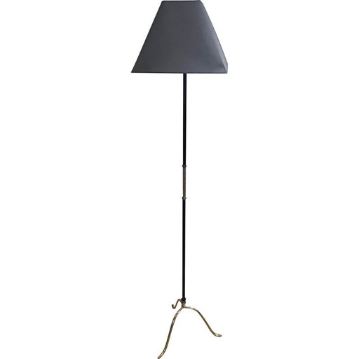 Vintage driepoot vloerlamp van zwart gelakt metaal en messing, jaren 1950