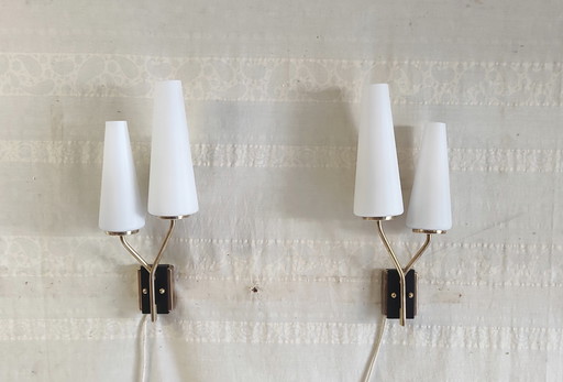 Asymmetrical double wall sconces in brass, metal and opaline glass - mid-20th century