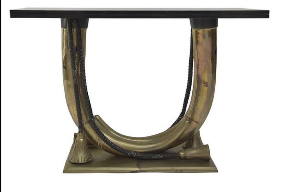 Image 1 of Beautiful brass and bronze elephant tusk console table with stone top and original patina - Made in Italy in the 60s