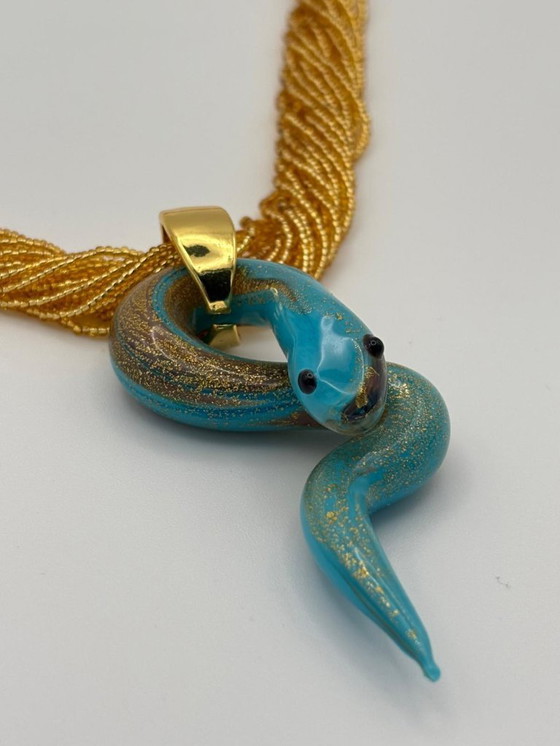 Image 1 of Murano Glass Chalcedony Snake Necklace with Gold Leaf – Venetian Handcrafted Sculpture