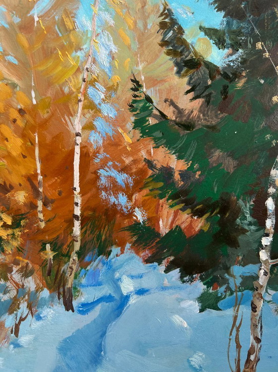 Image 1 of Original Oil Painting Snow Forest Landscape Winter path in the forest
