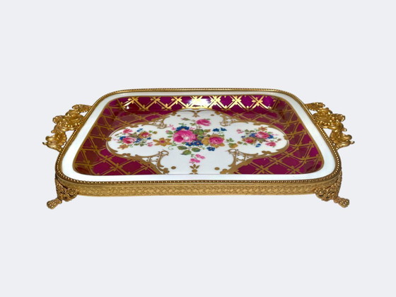 Image 1 of French Limoges Porcelain and Gilt Bronze Perfume Tray - Vintage Floral Vide Poche Handpainted Orleans Decor 