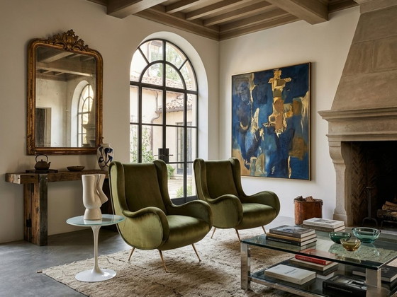 Image 1 of Par de sillones italianos de los años 50, estilo Senior Zanuso, tapizados en terciopelo verde.