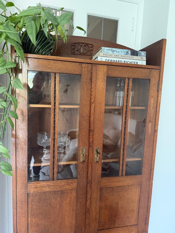 Image 1 of vaisselier mural/vitrine en bois Art Déco ancien