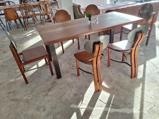 Image 1 of Tavolo da pranzo brutalista in teak e acciaio patinato di metà secolo, anni '60