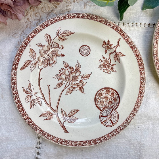 Image 1 of Lot De 5 Grandes Assiettes Anciennes En Terre De Fer Marron - Grand Dépôt Paris Emile Bourgeois (1880-1890)