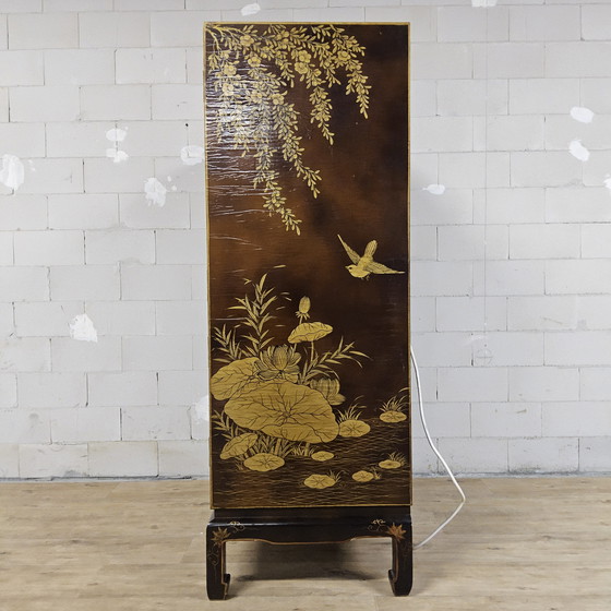 Image 1 of Vintage Chinese cabinet birds & flowers, red & gold (bohemian) Asian cabinet
