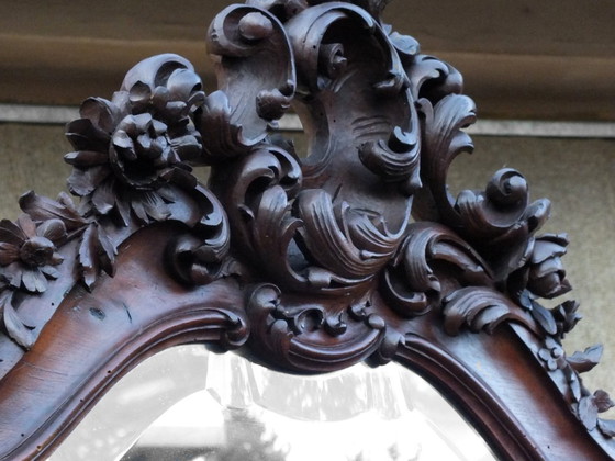 Image 1 of large Liberty Art Noveau wall beveled mirror with planter wood walnut years '900