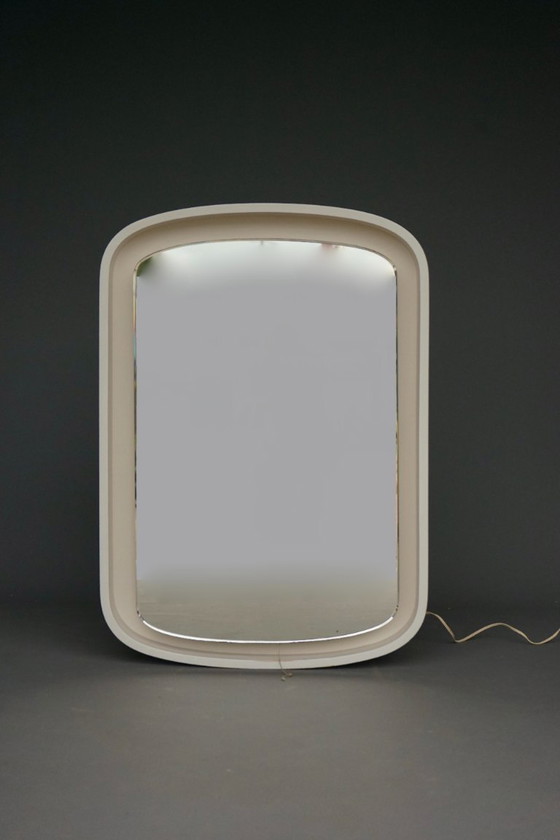 Image 1 of A large 1970s vintage backlit mirror in white plywood frame