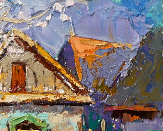 Image 1 of Original Oil Painting Colorful Village Landscape Early spring has arrived