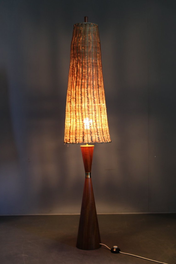 Image 1 of 1960s Parker Knoll Wooden Table Lamp with wicker shade, Britain