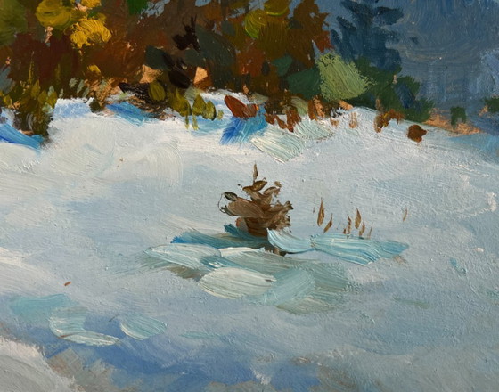 Image 1 of Origineel olieverfschilderij: Winterboslandschap in het besneeuwde bos.