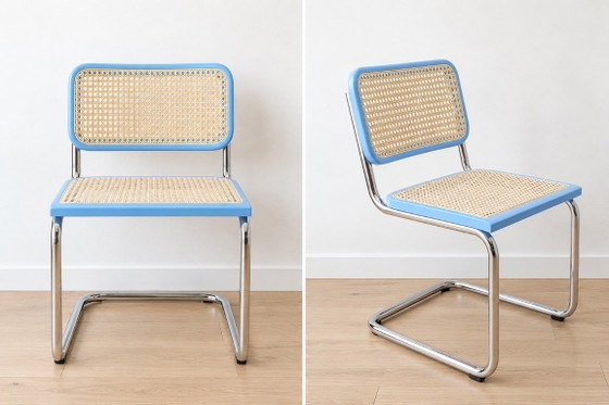Set of 4 Vintage Italian Cesca Chairs, Sky Blue & Cane, 1990s, Dining chairs, Metal, Wicker, Modern (photo 3 of 5)