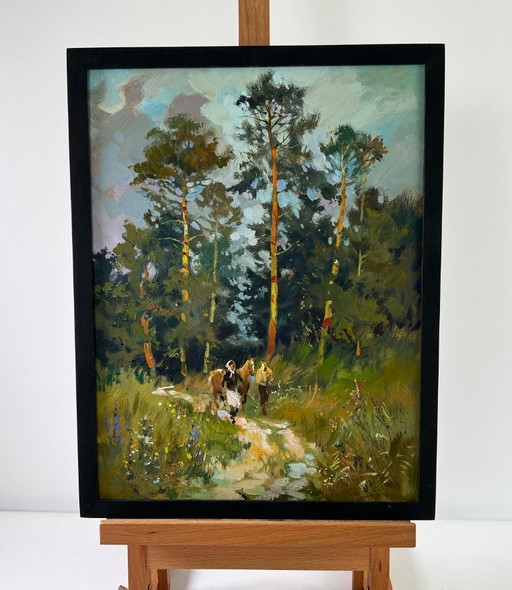 Original Oil Painting Summer Nature Landscape Path in the forest