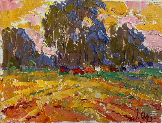 Image 1 of Original Oil Painting Evening Field Landscape Summer meadows and forest