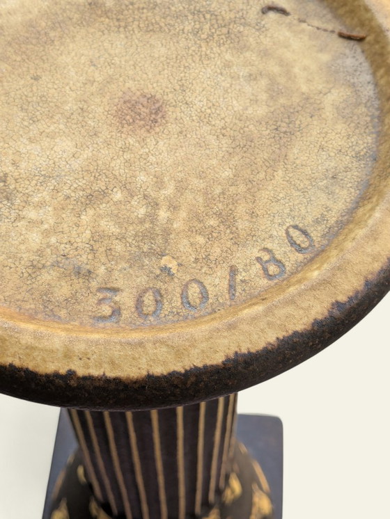 Image 1 of Zeldzaamheid! Vintage keramische plantenstandaard uit de jaren 70 in zwart en goud, klassieke inrichting, zeer goede staat