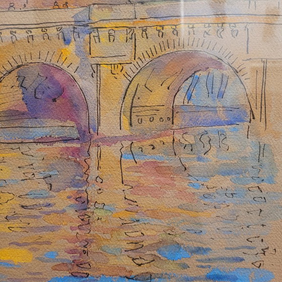 Image 1 of Aquarelle sur papier « Pont Marie, Paris », post-impressionnisme, signée Gilis, 1962 - France