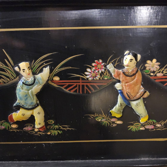 Image 1 of Vintage Chinese Cabinet Black with Hand-Painted Scenes / bohemian cabinet / Asian / Oriental cabinet