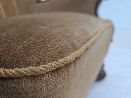 Image 1 of 1960s, Danish relax chair, original green furniture velour, carved oak wood.