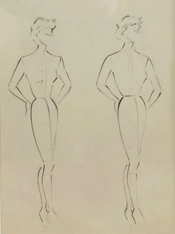 Image 1 of Schizzi a matita vintage, firmati e incorniciati, di Berthe Duquaine, del 1951.