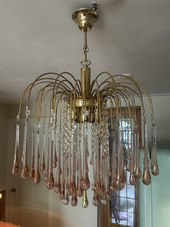 Image 1 of Large Vintage Teardrop Chandelier with Pink Murano Drops