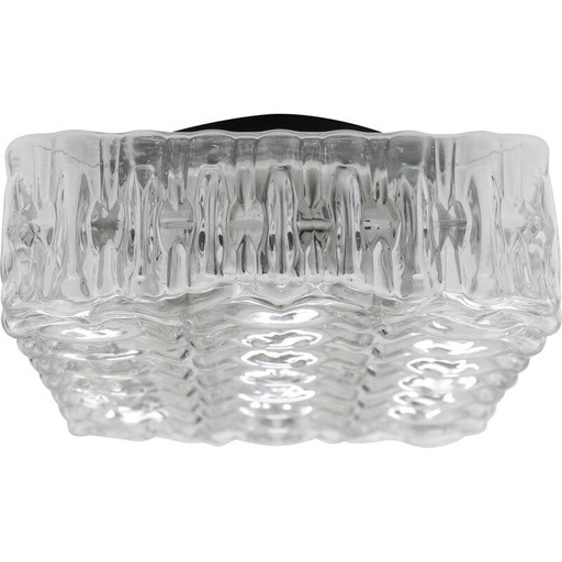 Plafonnier vintage carré en verre glacé et métal, 1960