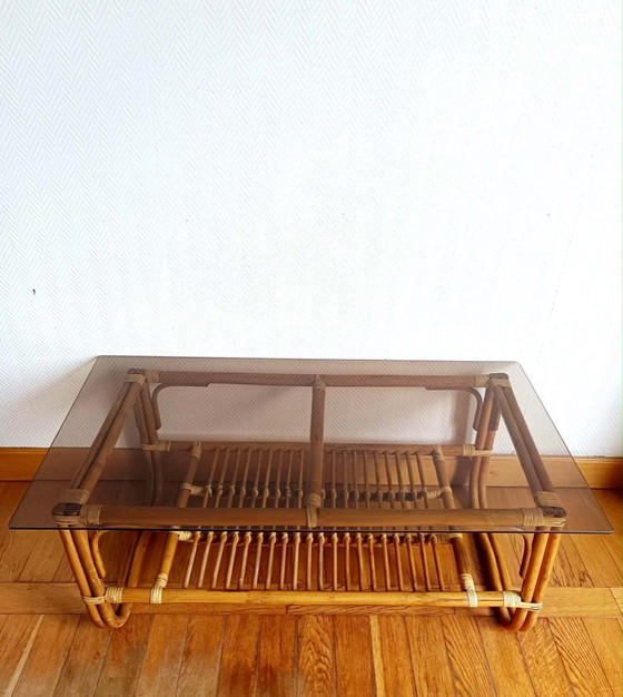 Vintage rotan salontafel uit de jaren 60 – Rattan, Glass (photo 6 of 10)