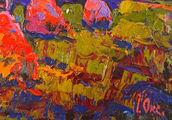 Image 1 of Original Oil Painting Sunset Field Landscape Evening silence in the field