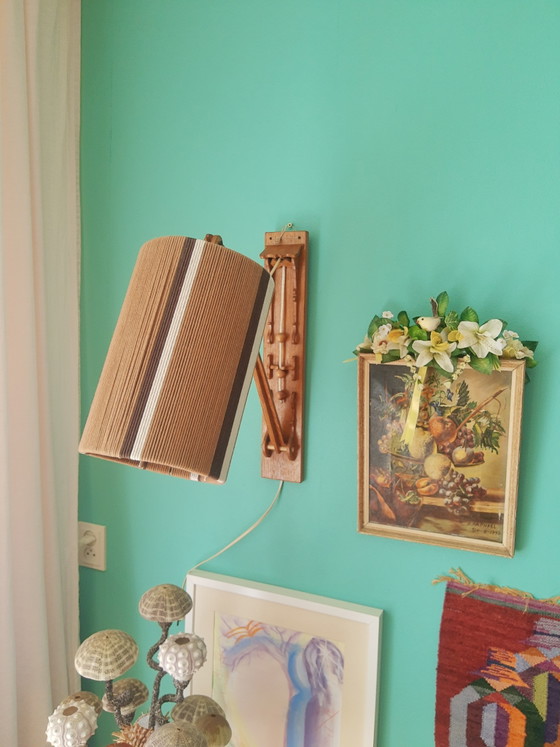 Image 1 of Unique original 70s 3-position fold-out wooden wall lamp with original lampshade