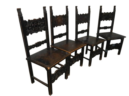 4 black lacquered fir chairs, 50s