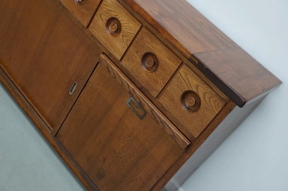 Image 1 of Grote Nederlandse industriële eiken apothekers- / bakkerijkast, ca. jaren 1950