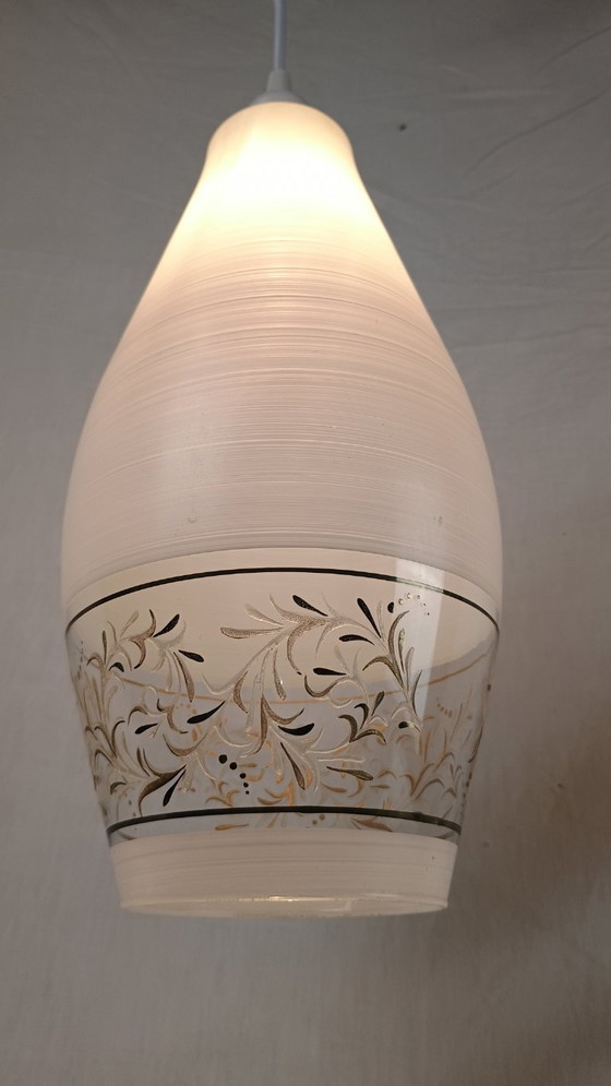 Image 1 of Lampada a sospensione da soffitto LUNEL Lanterna testurizzata in vetro bianco, stile vintage di metà secolo