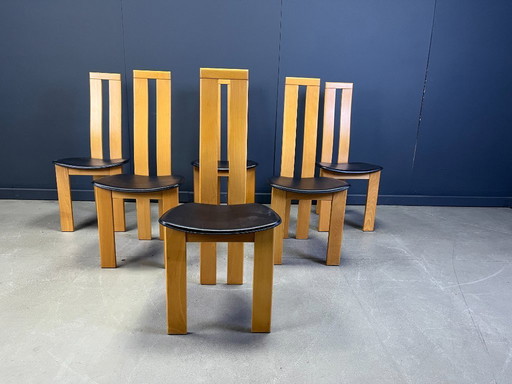 Postmoderne Esszimmerstühle aus Eiche mit hoher Rückenlehne, 1980er Jahre – 6er-Set