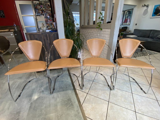 Set di 4 poltrone Linda di Arrben, pelle color cammello, struttura in acciaio cromato, vintage anni '80