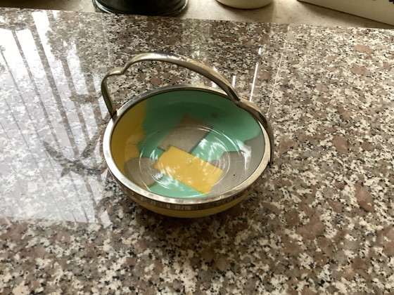 Image 1 of Ciotola Art Deco in ceramica con manico mobile in metallo vintage