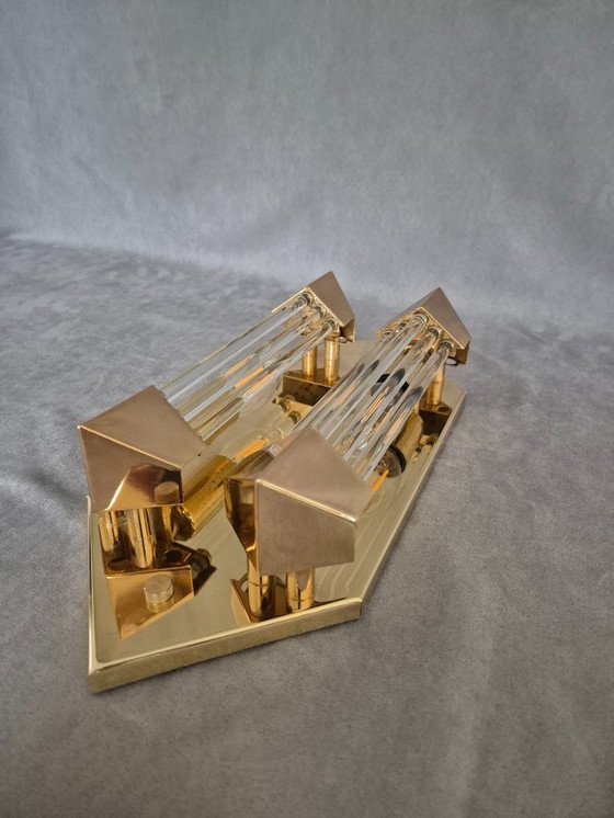 Image 1 of Applique murale Honsel vintage années 1980 – Métal doré, diffuseurs en verre, 2×E14