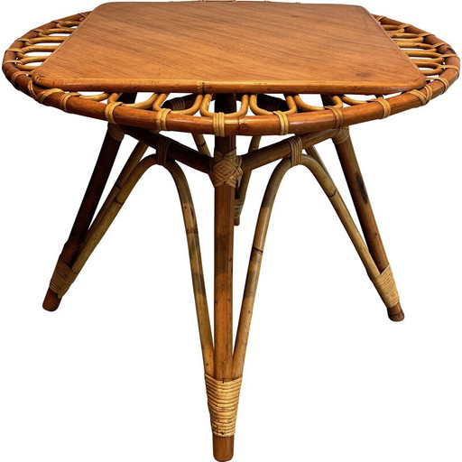 Tavolino da caffè vintage in rattan con trampolino, Francia 1950