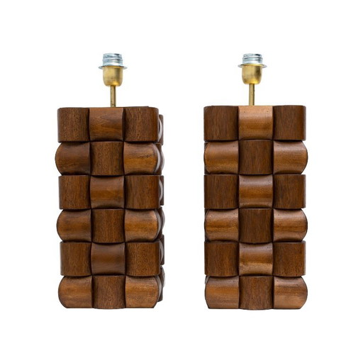 Coppia di lampade da tavolo scultoree in teak e ottone, Italia – tafellampen, Wood, Brass (photo 2 of 6)