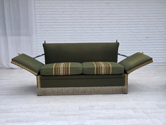 1970s, Danish 2-seater drop arm "Spanish" sofa, furniture wool. – 2 seaters, Wood (photo 16 of 20)