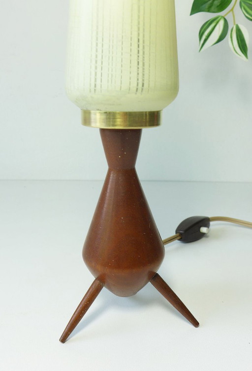 Vintage Tripod Table Lamp Danish Design Teak Rocket Lamp 60s 70s – tafellampen, Glass, Wood (photo 2 of 6)