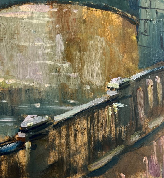 Image 1 of Original Oil Painting Gloomy City Landscape The heart of the city above the river